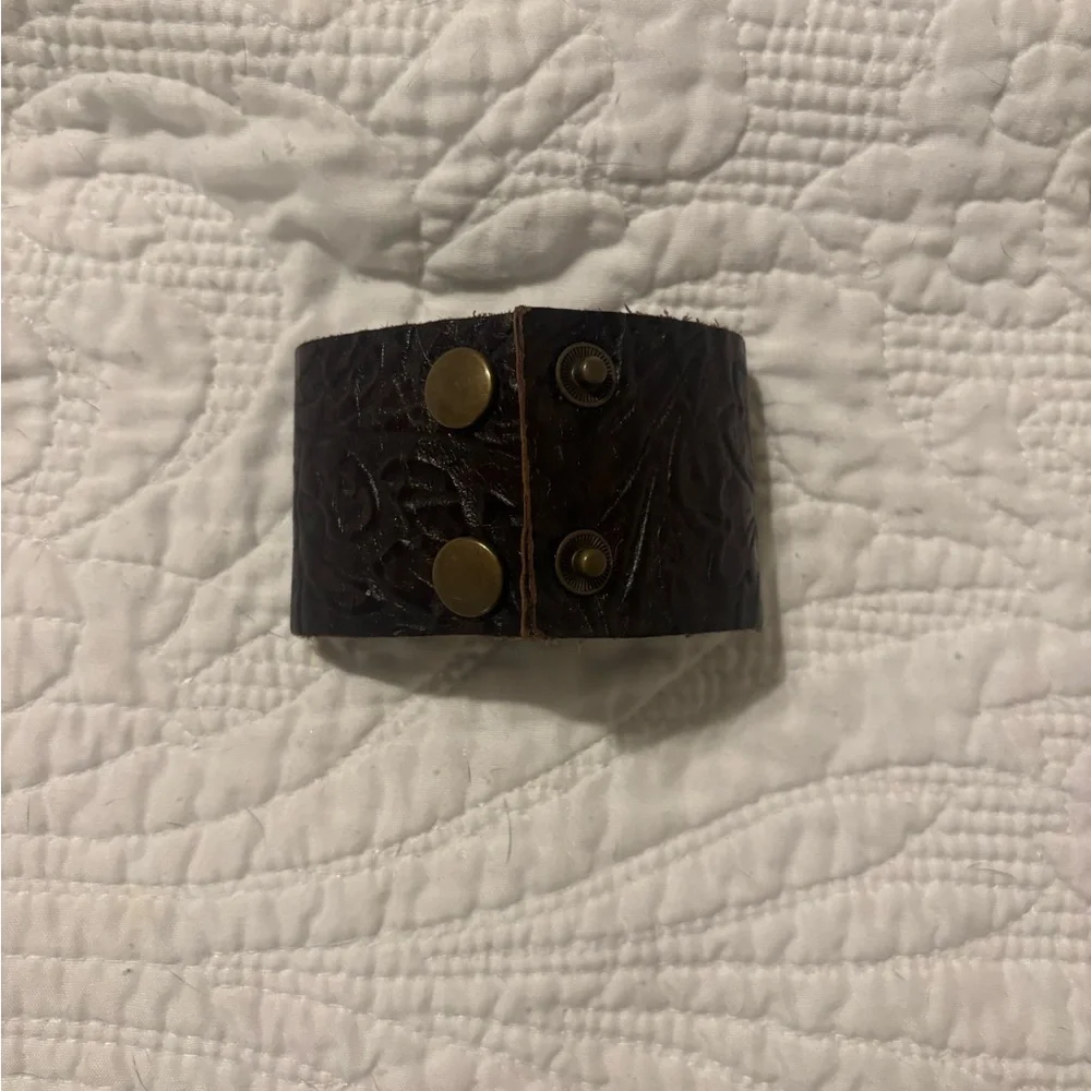 Brown Leather Embossed “C” Cuff Bracelet handmade sign by maker
